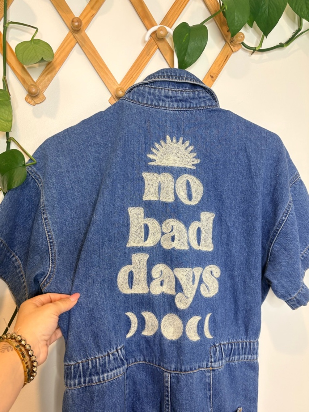 We The Free RARE Women's Blue Denim Embroidered No Bad Days Jumpsuit - Picture 8 of 14